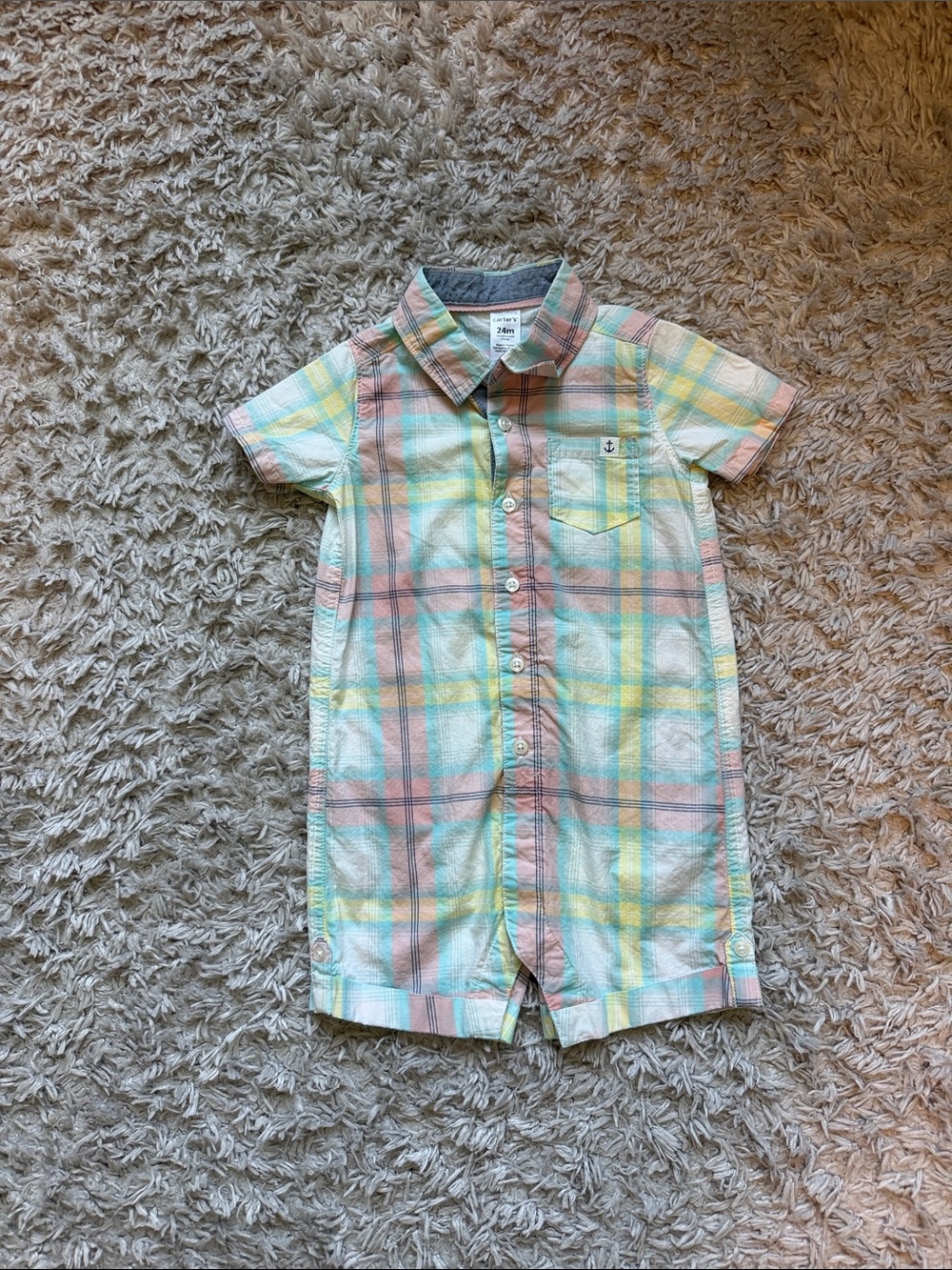 Carter's Pastel Plaid Button-Front Romper — Mint, Peach, Yellow